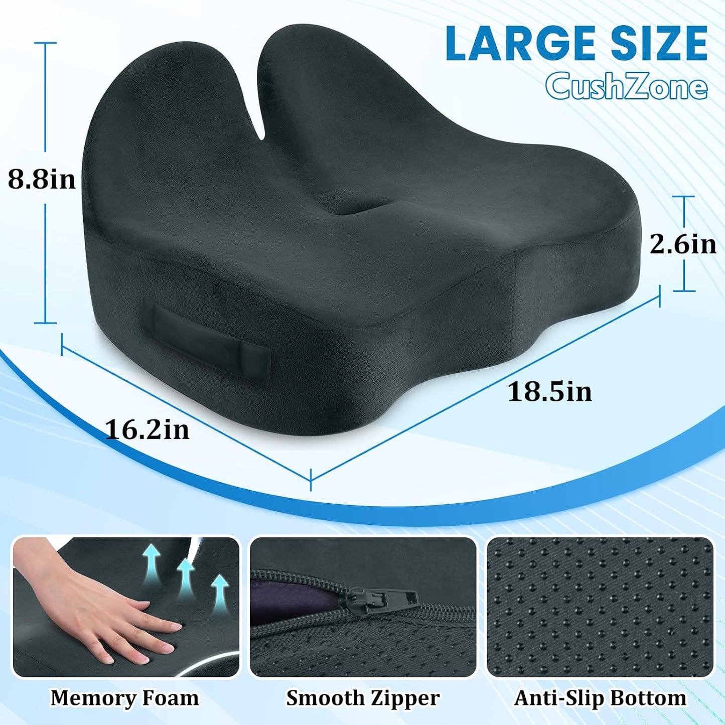 CushZone Seat Cushion, Ergonomic Memory Foam Seat Cushions for Office Chairs, Car, Long Trip, Desk Chair, Lab, Extra Large Size for Sciatica & Hip & Tailbone Pain Relief, Sciatica Support (Black)