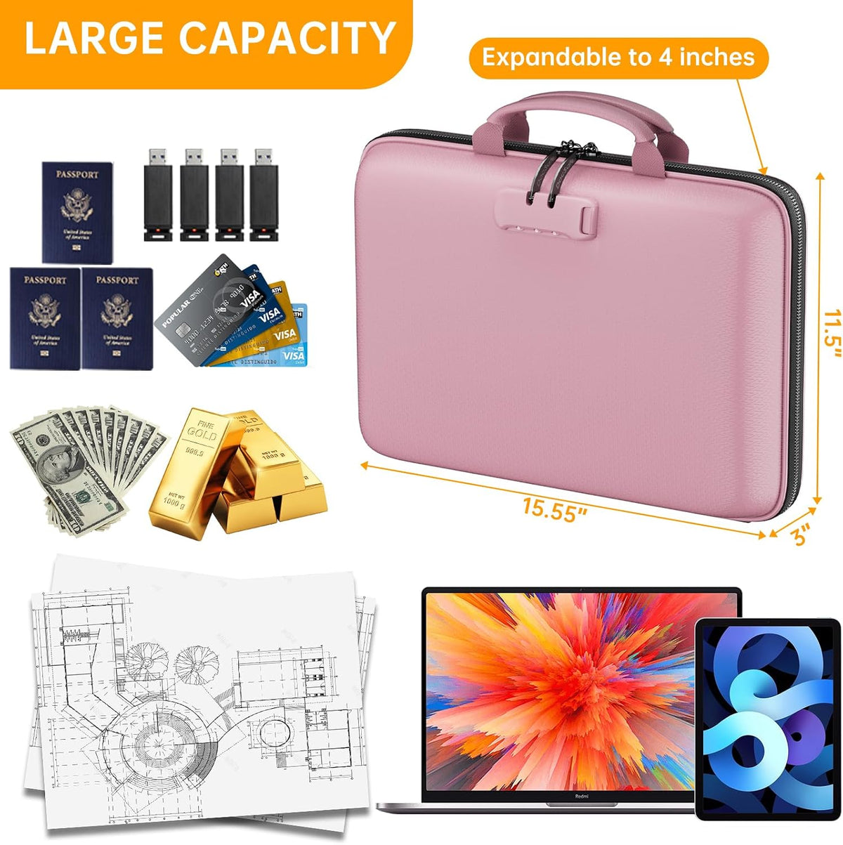 DocSafe Fireproof File Organizer with Lock, Hard-Shell Case Fireproof Document Box with 13 Pocket Accordion File Folder, Portable Home Office Travel Safe Storage for Important Documents Laptop Beige