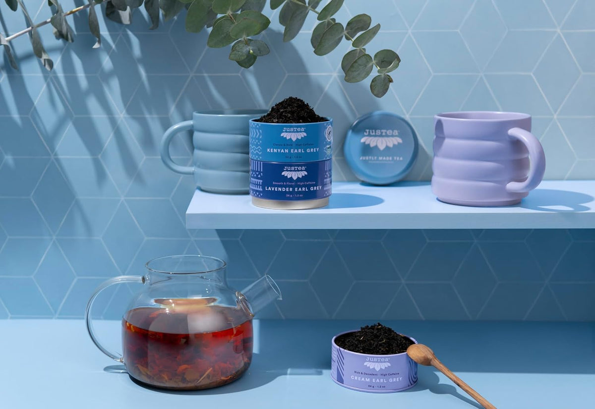 JusTea EARL GREY TEA TRIO 3 Flavour Variety Pack, 45+ Cups Tin with Spoon
