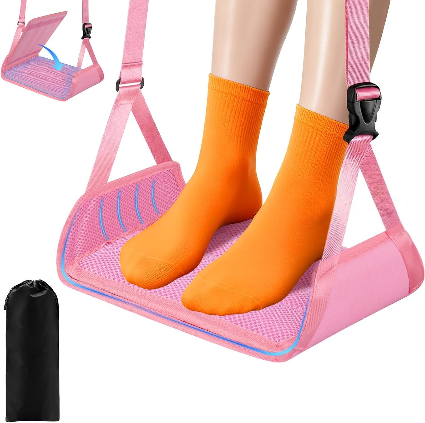 ExploreBliss Airplane Foot Rest - Lightweight Foot Hammock for Plane Travel with Adjustable Strap & Thick Board, Tray Table Under Desk Footrest to Relax Feet, Travel Essentials for Long Flights(Black)