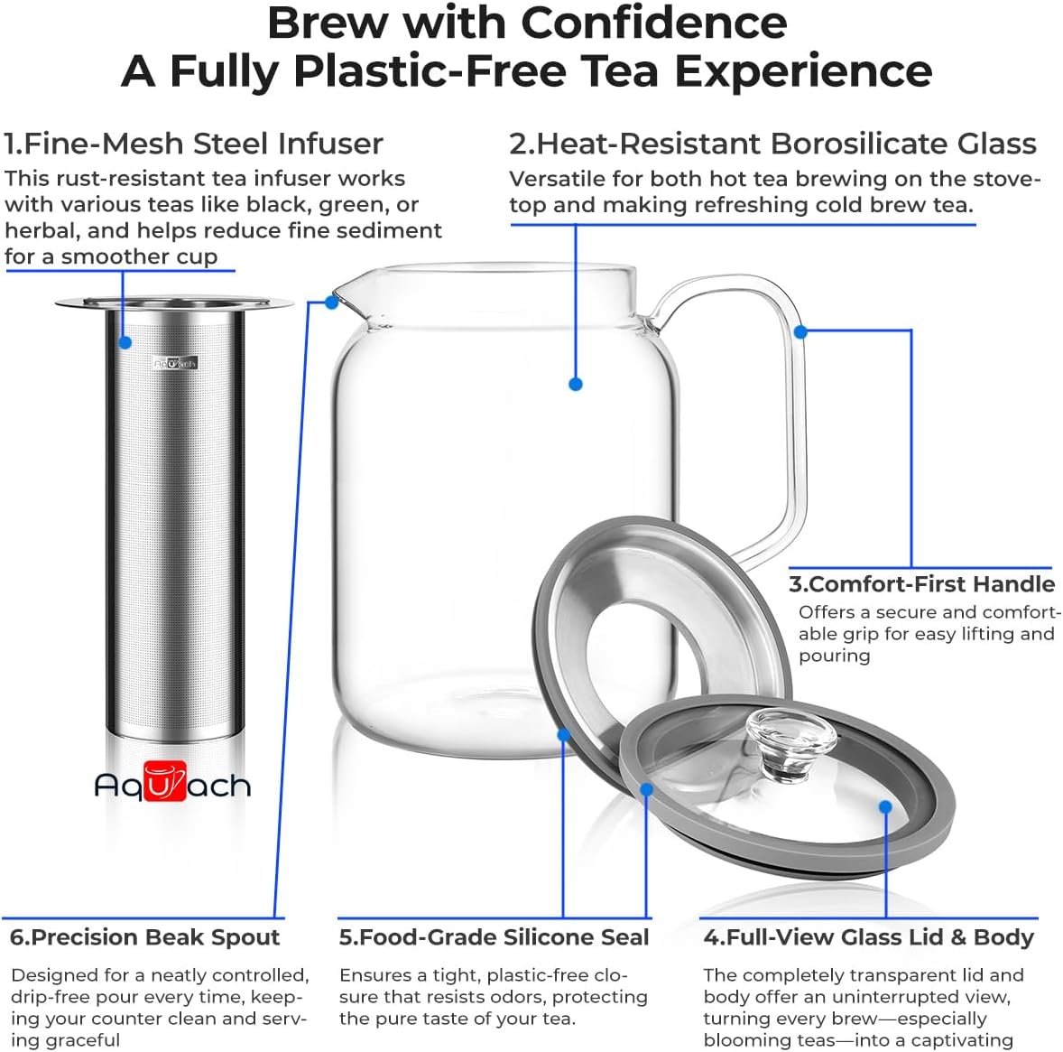 Aquach 68oz Glass Teapot Stovetop Safe with Loose Leaf Tea Steeper | Dishwasher Safe, Borosilicate Glass, Plastic-free, 68oz Family Capacity, Easy-clean Opening, Refrigerator Friendly