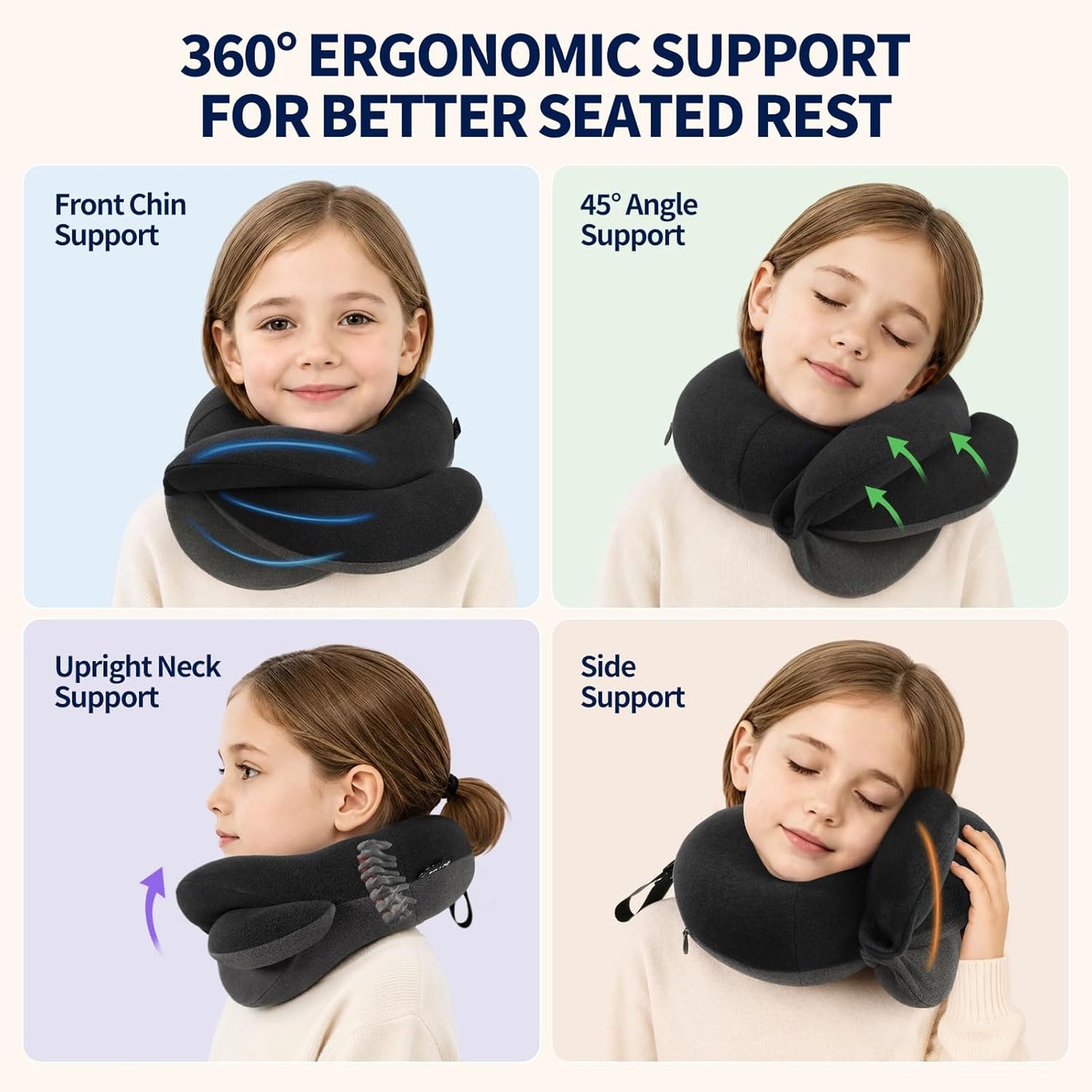 BUYUE Travel Neck Pillows for Airplanes, Memory Foam 360° Head Support Sleep for Long Flight, Skin-Friendly & Breathable, Kit with Eye Mask, Earplugs and Storage Bag (Adult, Grey, 90+ lbs)
