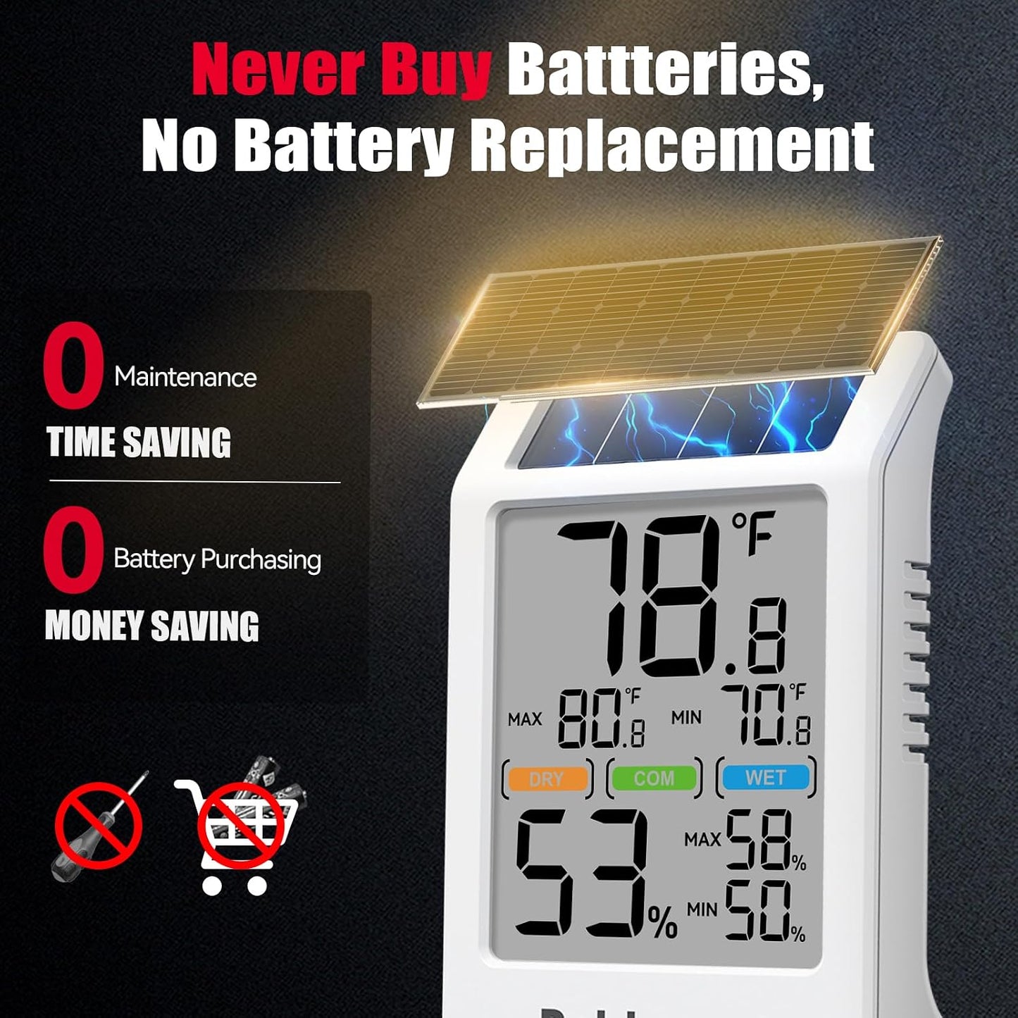 BaldrTherm Room Thermometer Indoor Humidity Meter Solar Powered with Max/Min Memory & Comfort Indicator - 3.2" Large Display for Home, White