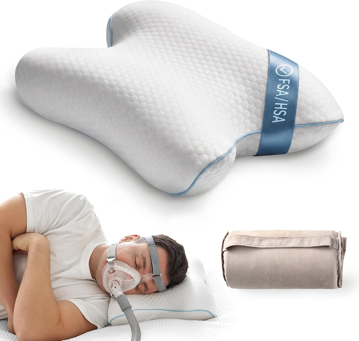 Elviros CPAP Pillow for Sleeping, HSA/FSA Ergonomic Adjustable Height Neck Support Memory Foam Bed Pillow for CPAP Users with Sleep Apnea, Suitable for Side and Back Sleepers
