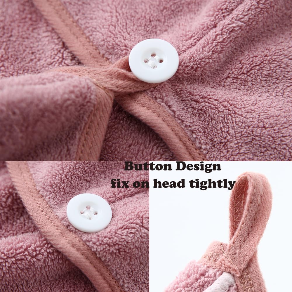 M-bestl 2 Pack Microfiber Hair Towel Wrap,Hair Drying Towel with Button,Quick Dry Hair Towel Turban for Women,Absorbent Anti-frizz Head Towel for Long Thick Curly Hair(Pink&Beige)