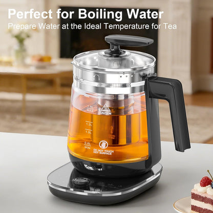 Electric Kettle 1.5L Borosilicate Glass, 1200W Temperature Control Tea Kettle with Auto Shut-Off & Boil-Dry Protection, BPA-Free Stainless Steel Base, Fast Boil for Coffee & Keep Warm, White