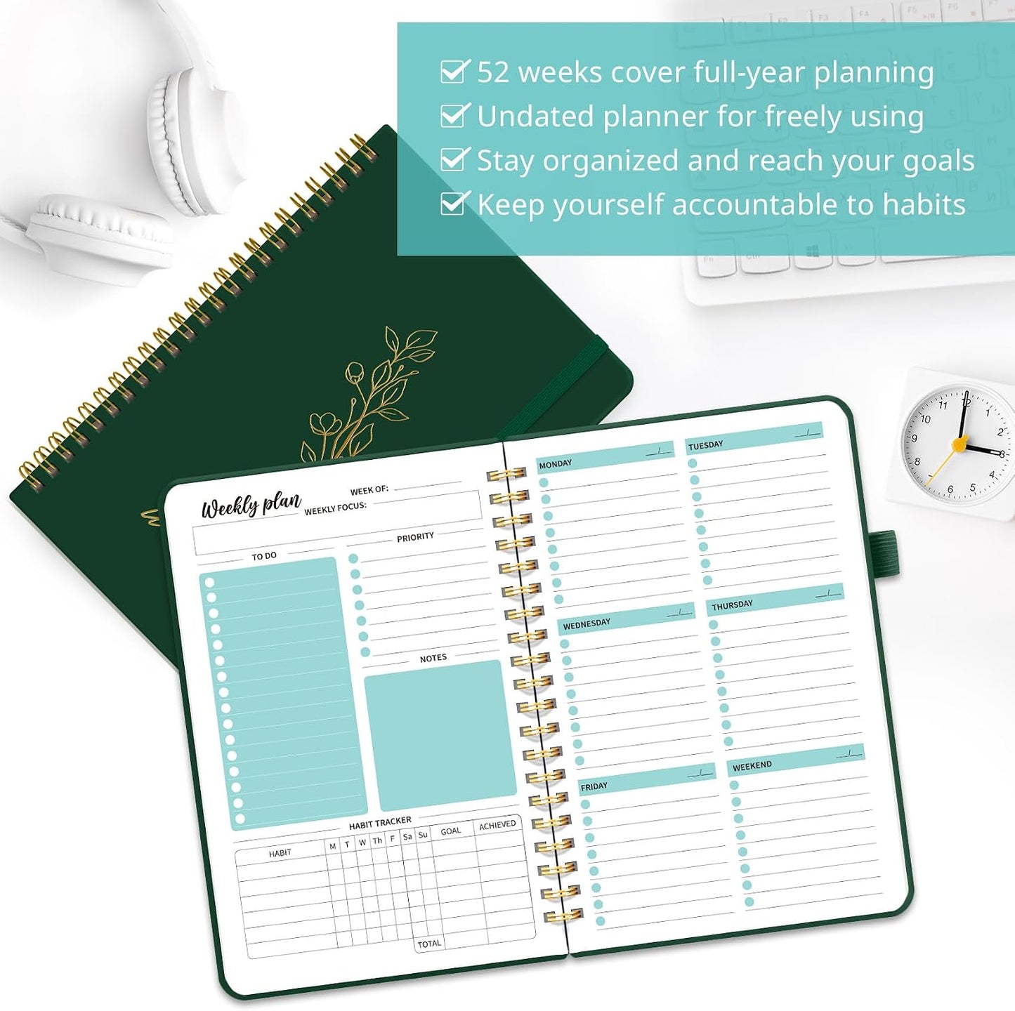 Taja Undated Weekly Planner, Weekly To Do List Notebook with Goal & Habit Tracker Organizer, A5 Weekly Planner Notebook with Spiral Binding, 6.1" x 8.2" - Green