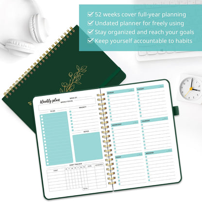 Taja Undated Weekly Planner, Weekly To Do List Notebook with Goal & Habit Tracker Organizer, A5 Weekly Planner Notebook with Spiral Binding, 6.1" x 8.2" - Green