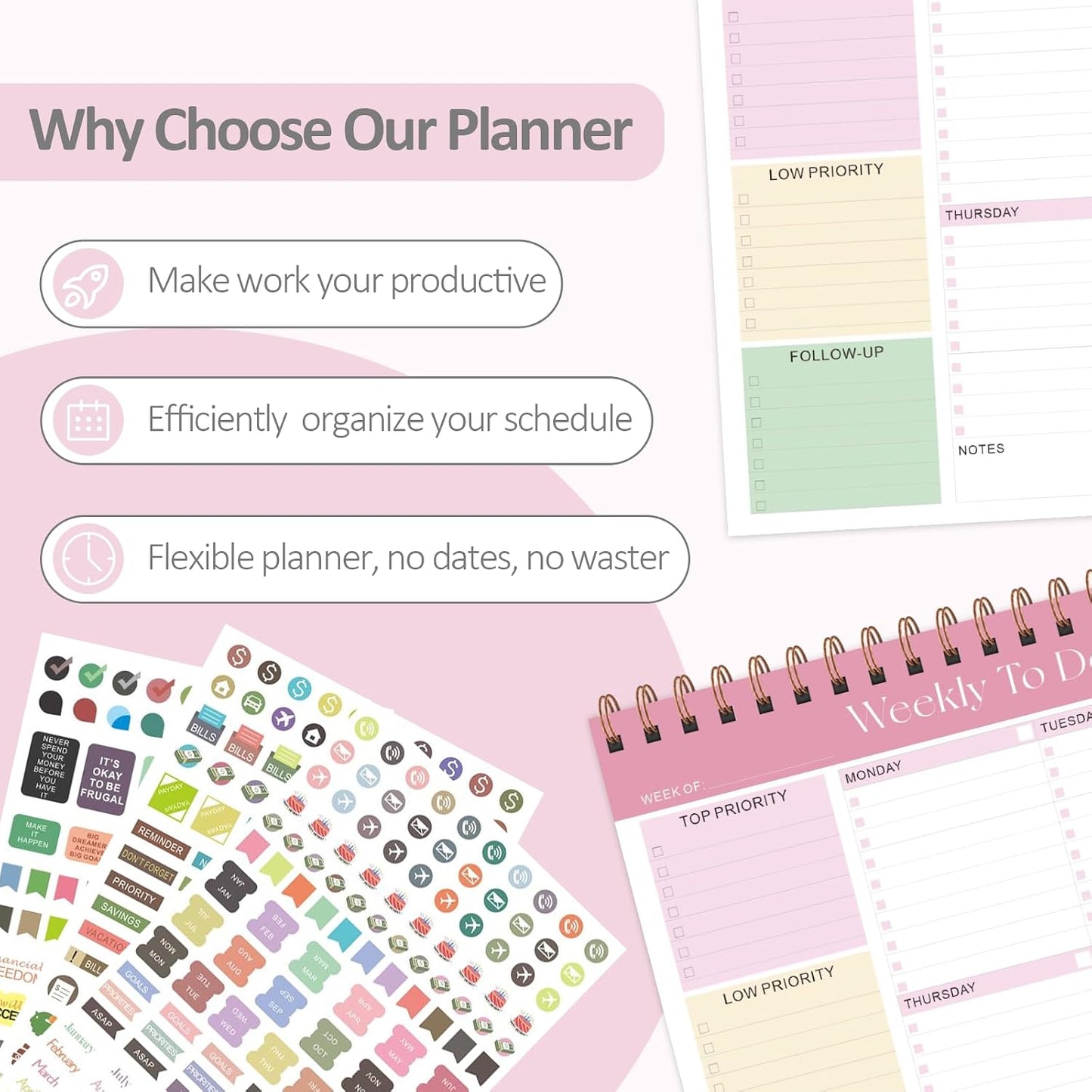 Weekly To Do List Notepad, 52 Sheets, Undated Weekly Planner, Letter Size | 8.5"x11", 100GSM, Thick Paper, Twin-Wire Spiral Bound, Tear Off Desk Pad, For Women & Man, Home School & Office Work