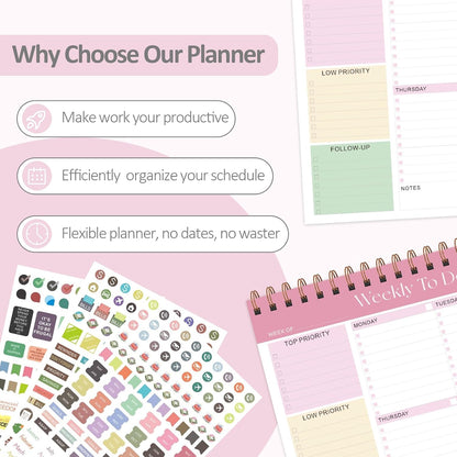 Weekly To Do List Notepad, 52 Sheets, Undated Weekly Planner, Letter Size | 8.5"x11", 100GSM, Thick Paper, Twin-Wire Spiral Bound, Tear Off Desk Pad, For Women & Man, Home School & Office Work