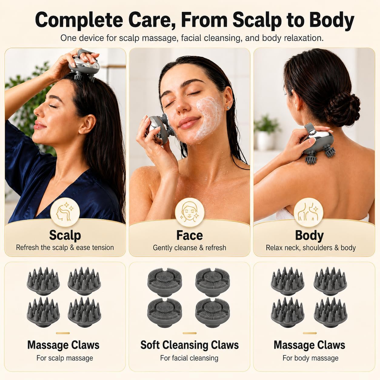 Melonsun Electric Scalp Massager for Stress Relief, Anti-Tangle 360° Kneading Head Massager, IPX7 Waterproof Rechargeable for Shower Use, 3 Modes, 2 Silicone Claw Sets for Massage & Gentle Cleansing