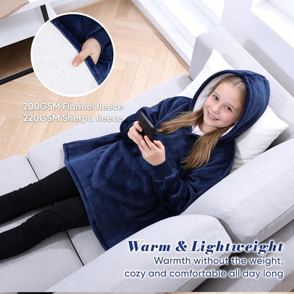 Kids Wearable Blanket Hoodie Cozy Fleece Blanket Sweatshirt Gift for Boys and Girls with Plush Hood Giant Pocket