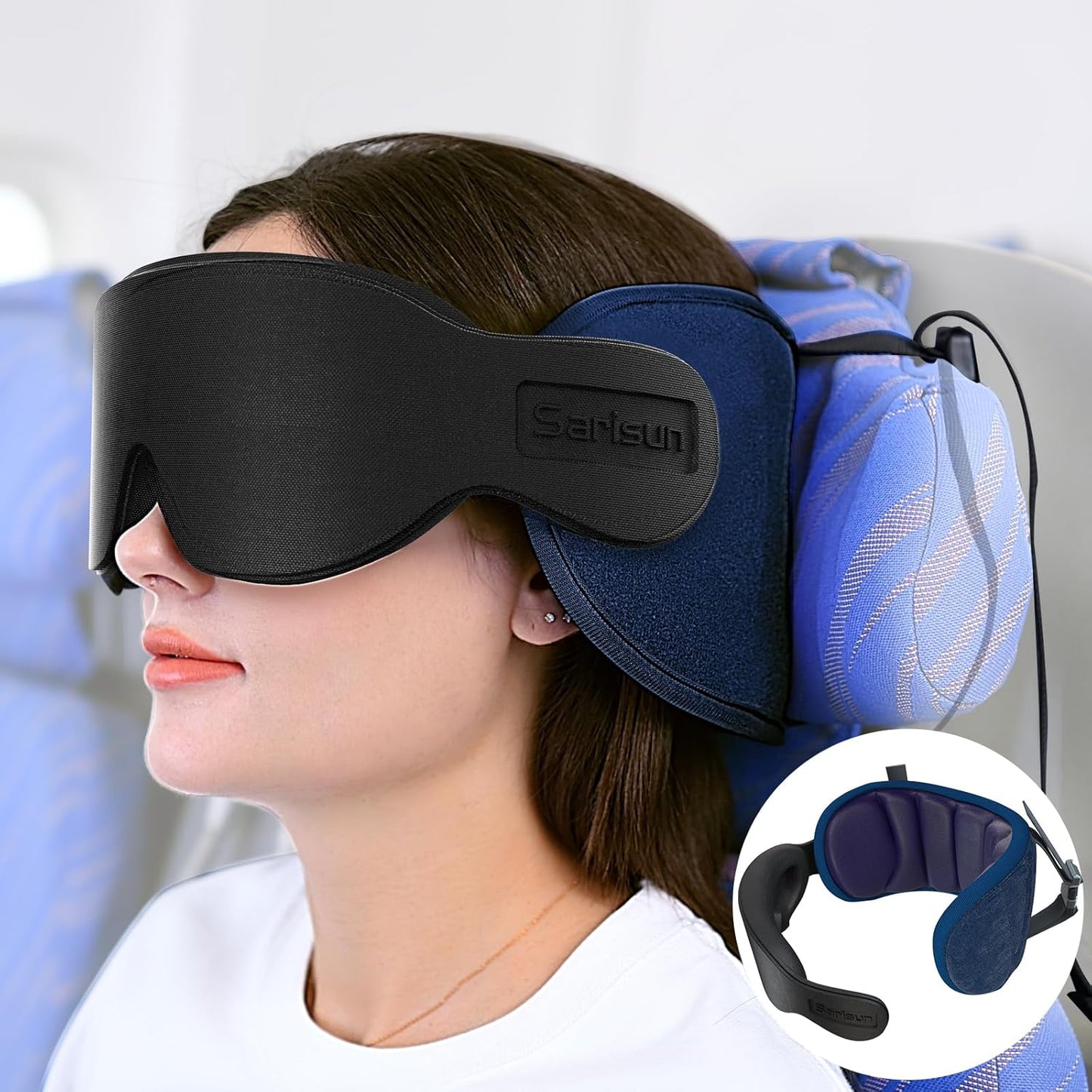 SARISUN Travel Pillows for Airplanes, 360° Support Headrest Pillow with Eye Mask for Sleeping, Travel Airplane Pillow for Long Flights Car Road Trip, Travel Accessories Stop Bobblehead, Black