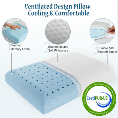 OLIXIS Memory Foam Pillow, Standard Size Pillows for Sleeping, White, 2 PCS | Firm and Comfortable Support Bed Pillow for Back and Side Sleepers, Cooling Gel Technology, Breathable Mesh & Washable Cover