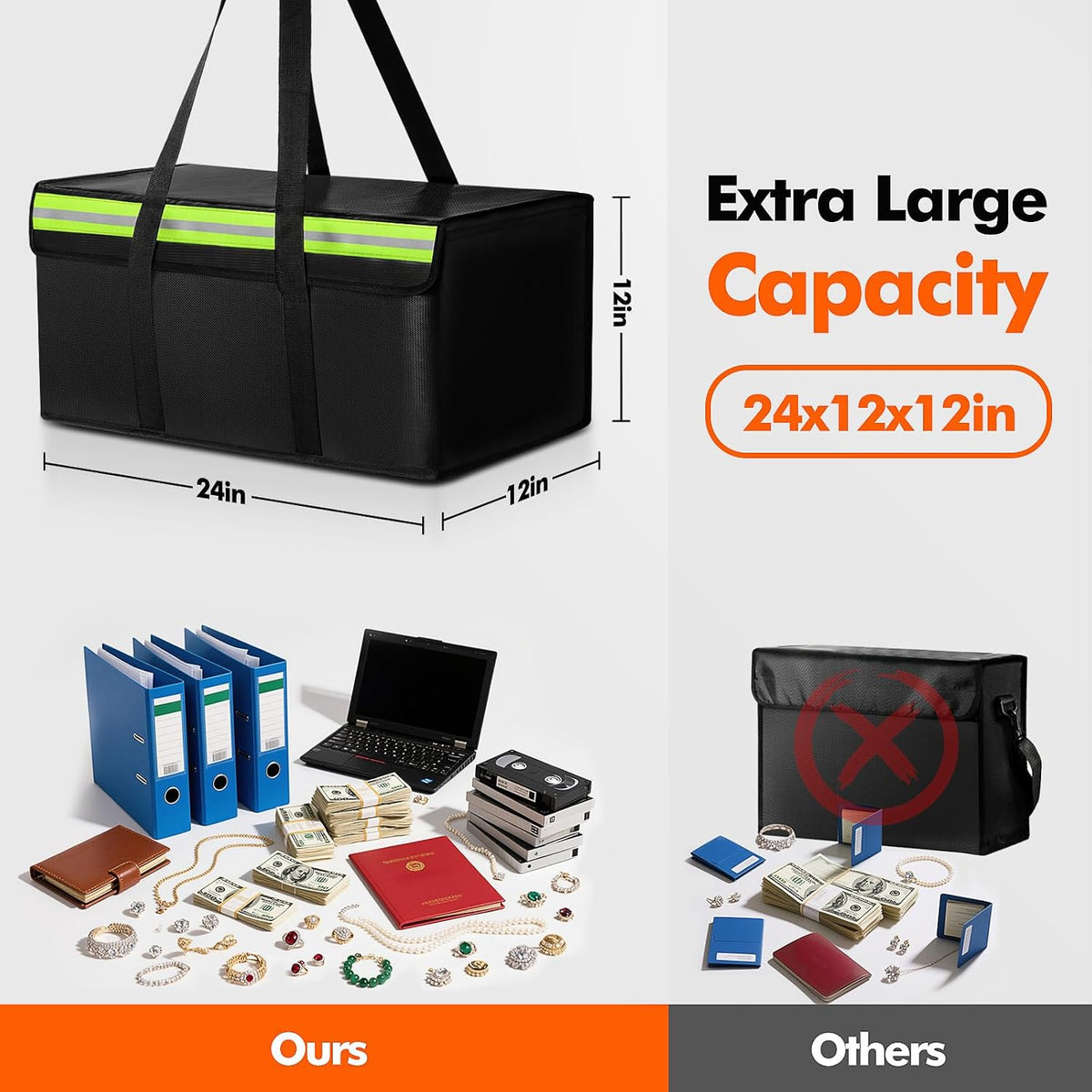 Large Fireproof Document Bag for Home Safe Storage, 15 x 12 x 6in, Black