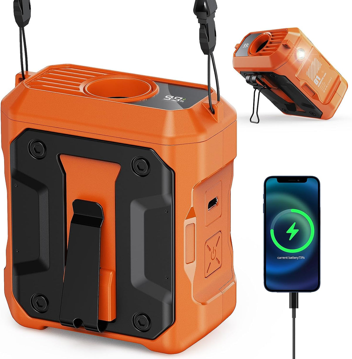ASNUG Portable Waist Fan Rechargeable, 10000mAh Battery Powered & 45H Runtime, 10-Speed Personal Fan w/Lanyard, Flash Light, LED Display, Clip on Wearable Belt for Jogging Hiking Jobsite Warehouse