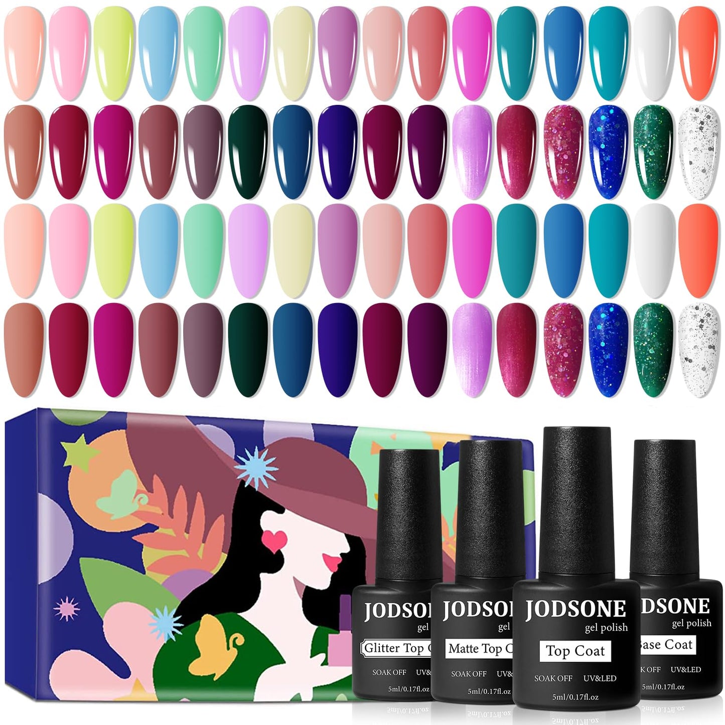 JODSONE Gel Nail Polish Kit 60 PCS with U V Light Soak off Base Top Coat 55 Shine Colors Gel Nail Kit Bright and Dark Brown Wine Red Series Manicure Set for Women and Girls