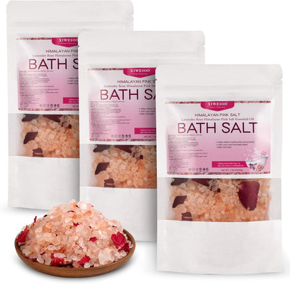 Bath Salts KIT Pack of 3 Natural Epsom Salt Rose Essential Oils Relaxes and Better Sleep Himalayan Pink Salt Foot Soak Tea Tree Oil Himalayan Foot Bath Salts Set