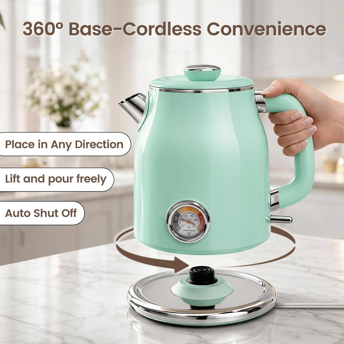 Mecity Retro Electric Kettle 1.7L, Stainless Steel Interior, Food-Grade Silicone Water Contact, Double Wall Cool Touch, 1500W Fast Boil, Thermometer (°F/°C), Wide Opening, Cream