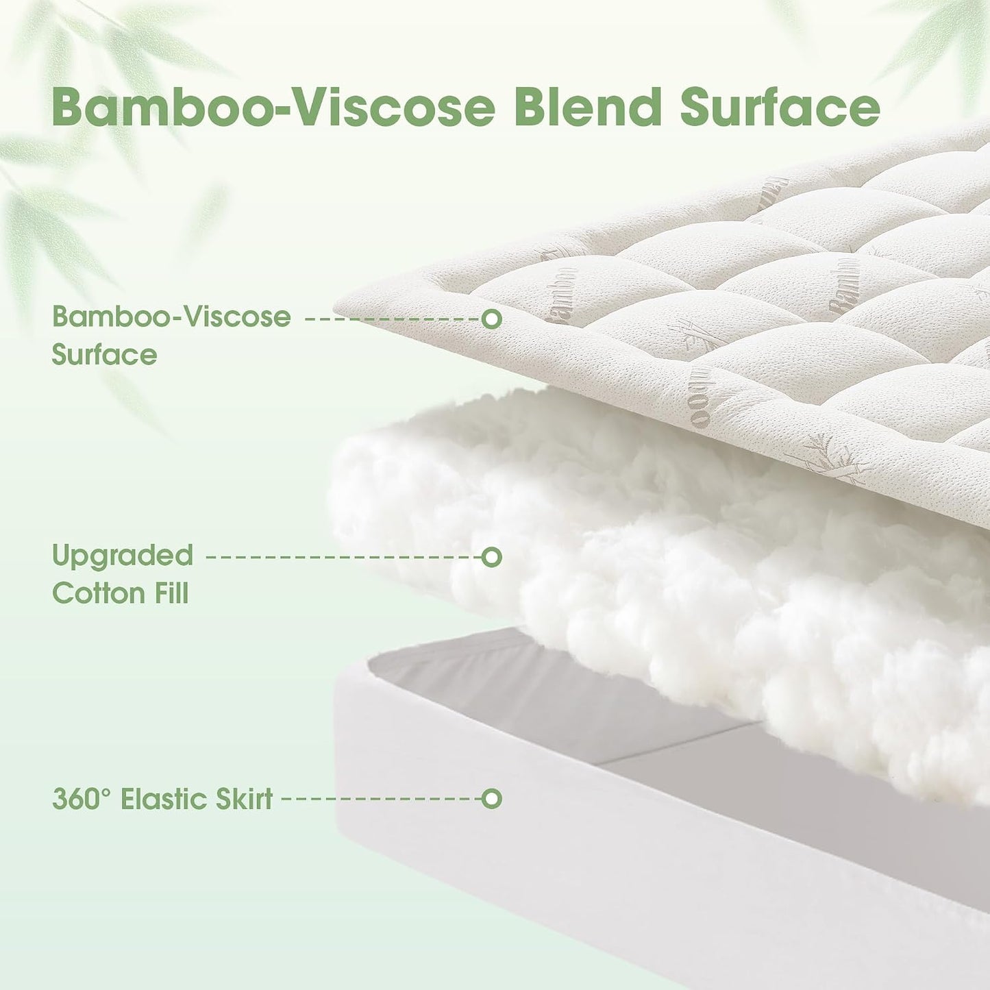 Mattress Pad Queen Size, Cooling Pillow Top Mattress Topper, Ultra Soft Viscose Made from Bamboo, Breathable for Hot Sleepers, Deep Pocket 8"-20", Green