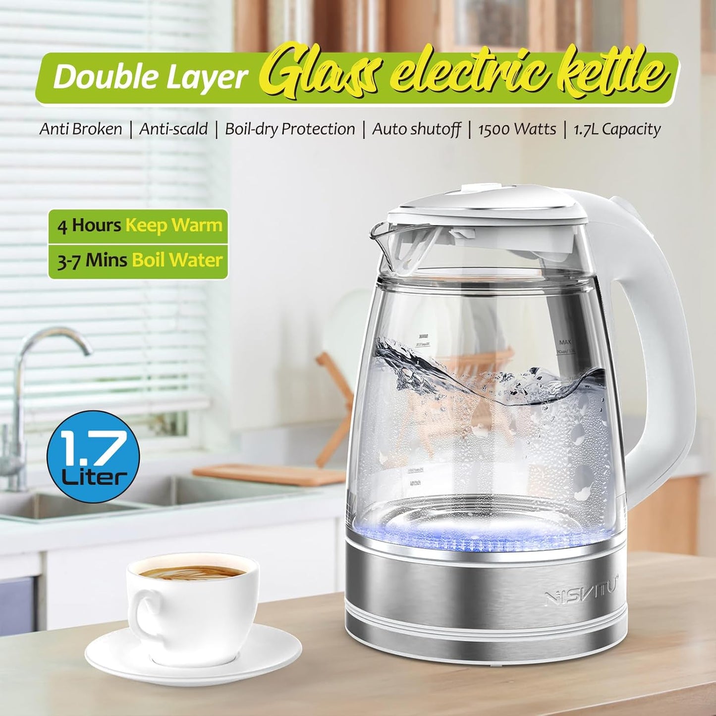 NISVITU 1.7L Dual Wall Cool Touch Electric Kettle, BPA-Free Borosilicate Glass Inner, PC Outer, 1500W Fast Boil Cordless Hot Water Boiler & Electric Tea Kettle, Keep Warm, Auto Shut-Off, White