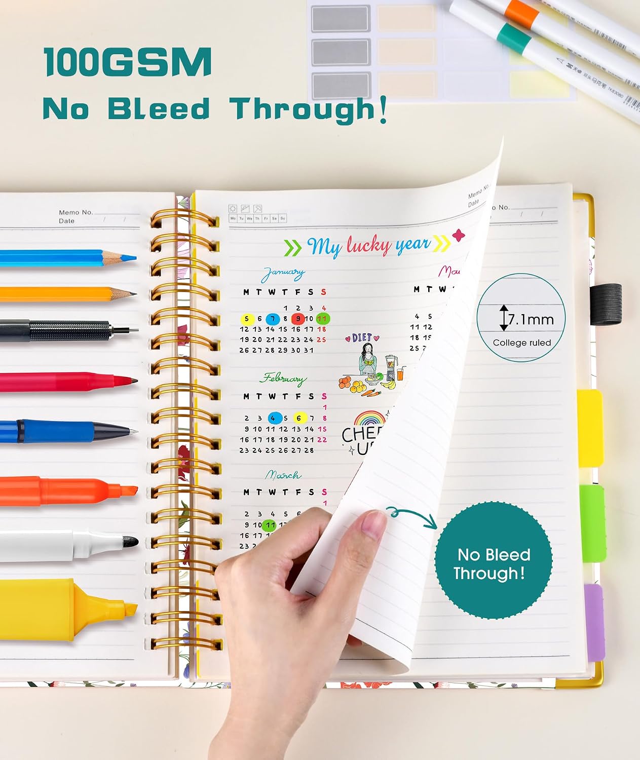 Hardcover Spiral Notebook journal with Removable Dividers Tabs, 300 Pages Leather 5 Subject Notebook College Ruled, 8"x10" Large B5 Notebooks for Work School Note taking, Lined Journal for Women,Black