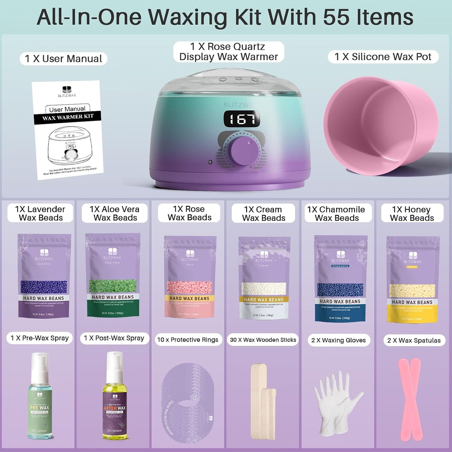 BLITZWAX Brazilian and Bikini Waxing Kit for Women, Hard Wax Warmer for Face, Legs and Body, At Home Hair Removal Kit, Beginner Friendly, Digital Fast Heating, 51 Wax Items
