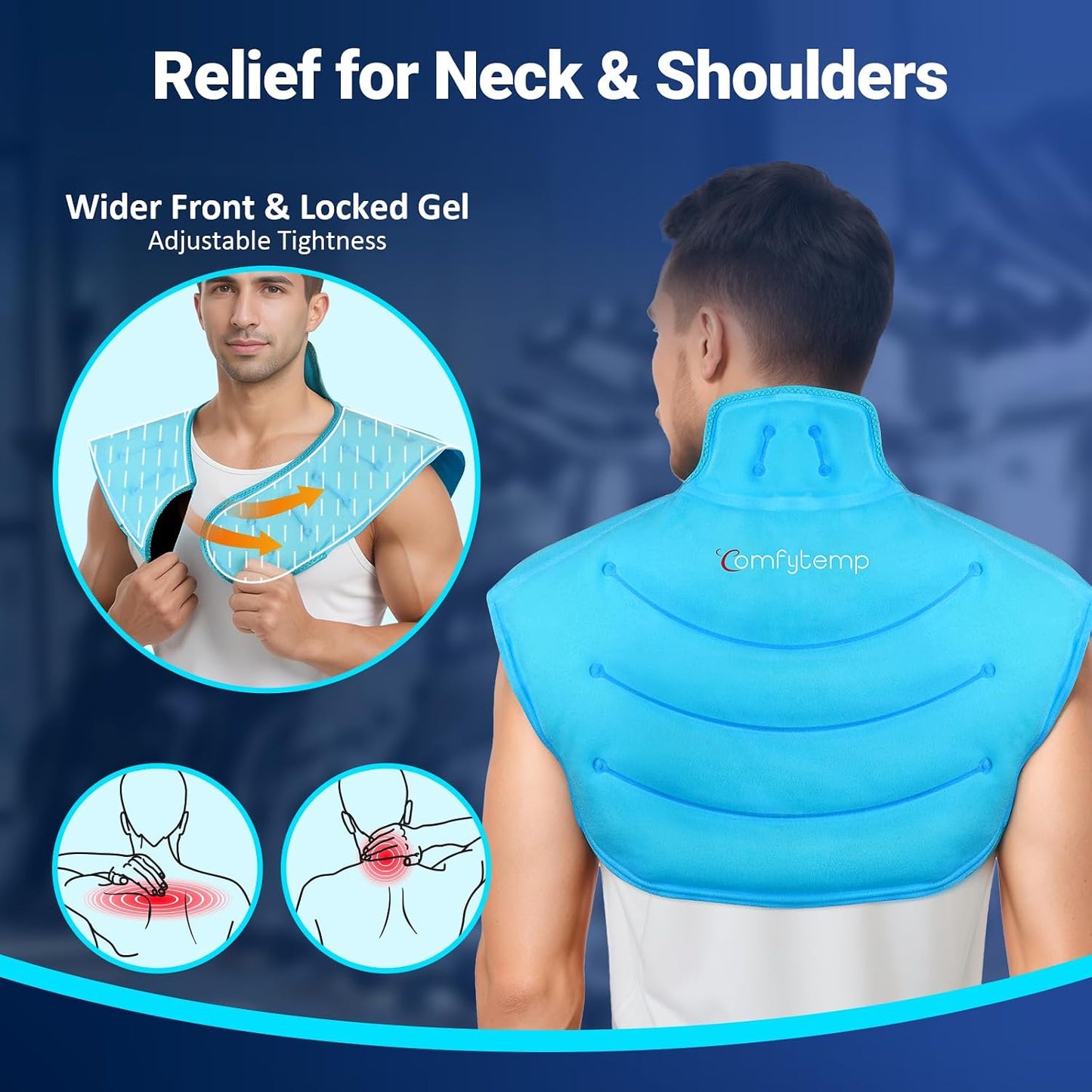 Comfytemp Large Ice Pack for Neck Shoulders Upper Back Pain Relief with Straps, Reusable Gel Ice Wrap Hot Cold Compress Therapy Recovery for Upper Back, Cervical Injuries, Rotator Cuff (Large, Blue)