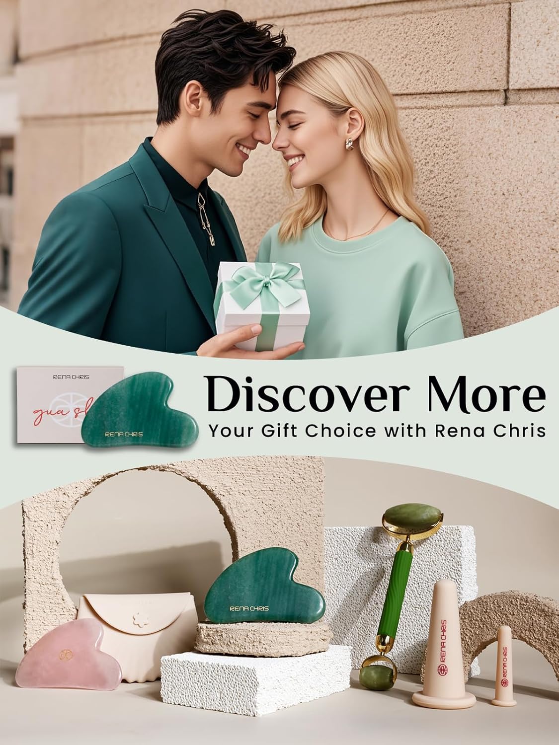 Rena Chris Gua Sha Facial Tools: Jade Stone Guasha Tool for Face Acupuncture Therapy, Facial Massager for Jawline Sculpting and Puffiness Reducing (Green)
