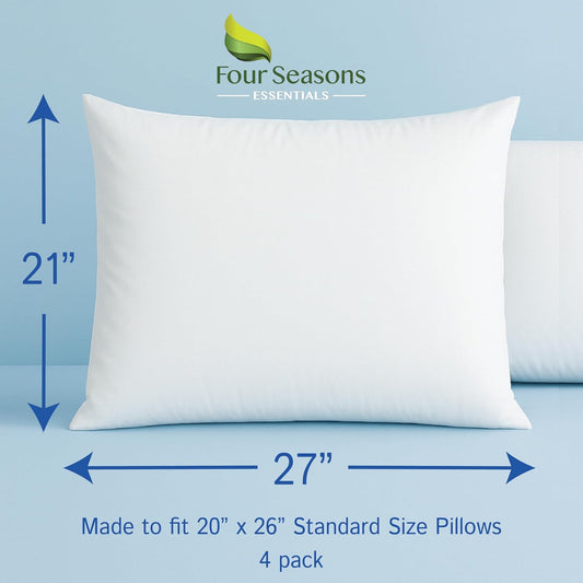 Standard Pillow Protectors (Set of 4) – Hypoallergenic Pillow Cover Waterproof Dust Allergen Proof Zippered Encasement