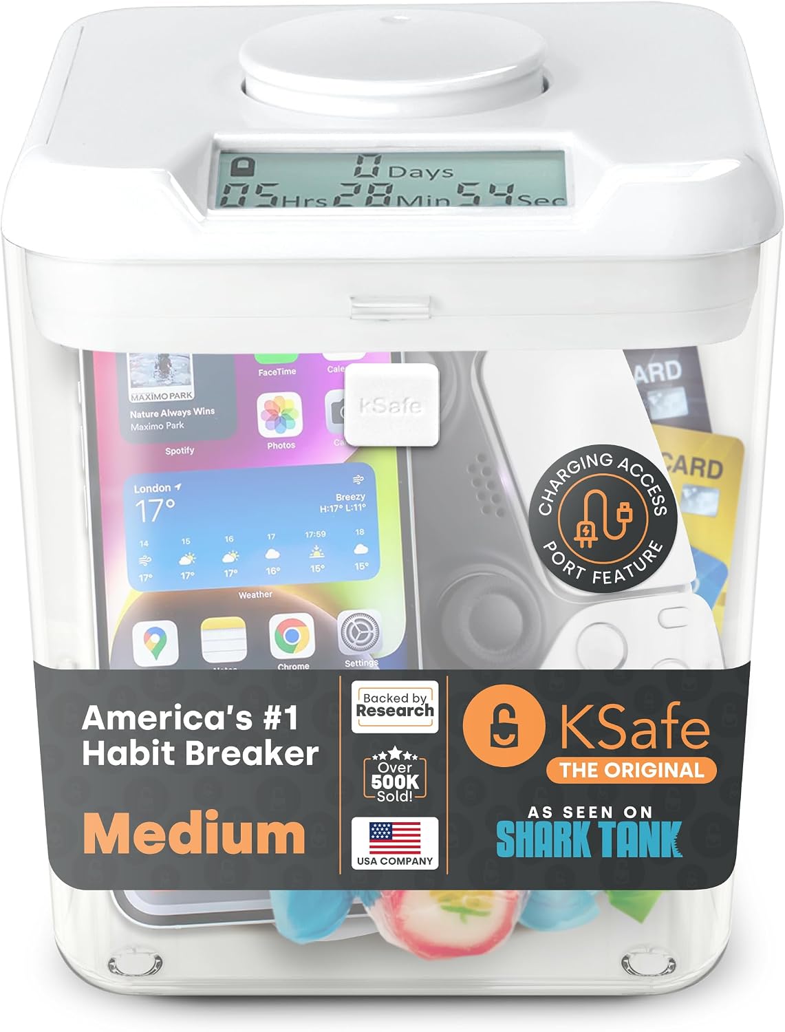 Kitchen Safe Time Locking Container (Medium), Timed Lock Box for Cell Phones, Snacks, and other unwanted temptations (White Lid + 5.5” Clear Base)