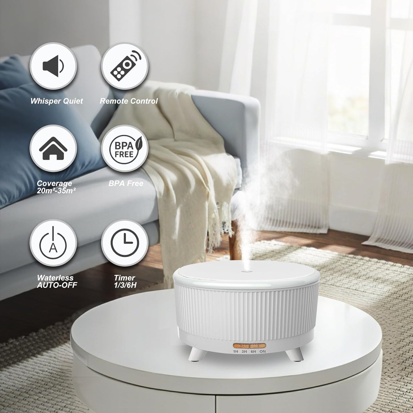Diffusers for Essential Oils Large Room, 500ml Aromatherapy Diffuser Cool Mist Humidifier with Remote Control,7 Colors Lights & 5 Mist Mode Waterless Auto Off for Women Office Home