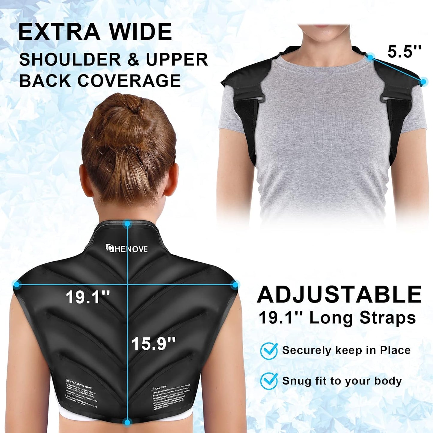 Chenove Ice Pack for Shoulders Upper Back with Strap, Neck and Shoulder Ice Pack Wrap Rotator Cuff Gel Reusable with Cold Compression Therapy, Soreness (Black)