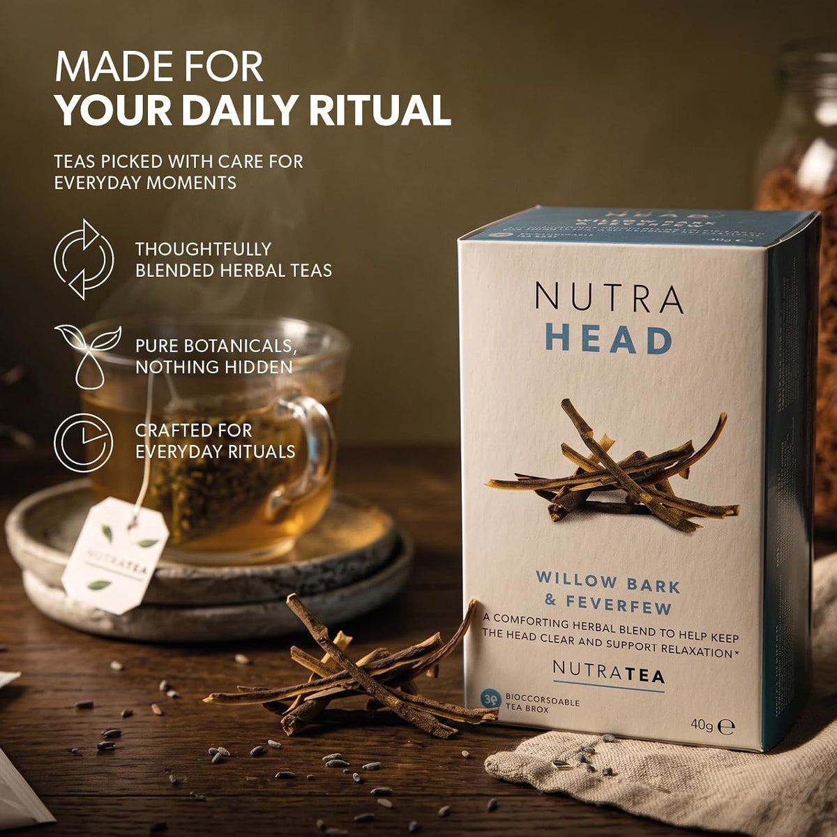 NUTRAHEAD - Migraine Relief Tea | Headache Relief Tea - For Migraine & Tension Headache Relief - Includes Feverfew, Willow Bark & Rhodiola - 20 Enveloped Tea Bags - by Nutra Tea - Herbal Tea