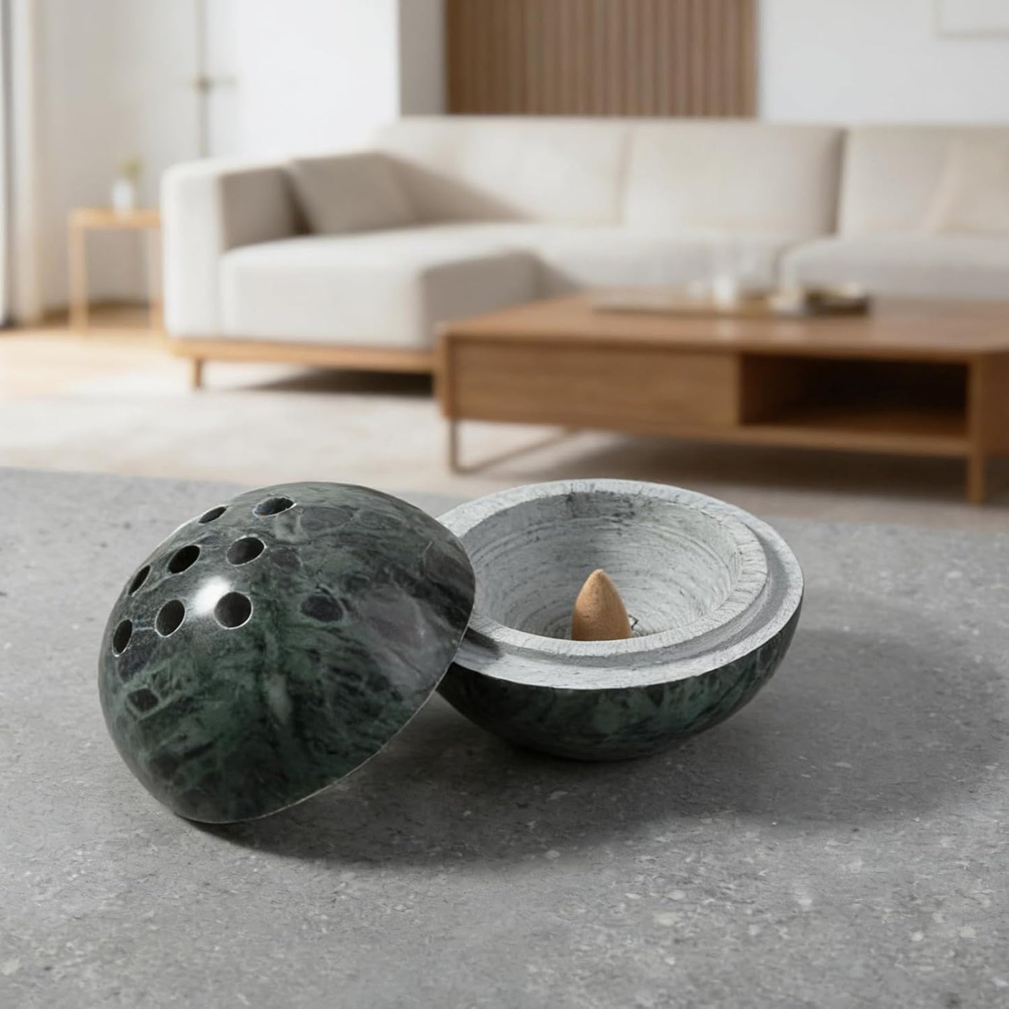 Koville Natural Marble Incense Holder, Incense Holder for Sticks with 9 Holes, Handmade Incense Burner Ash Catcher for Meditation Yoga SPA, Balsam Fir/Palo Santo/Sage/Cone (White)