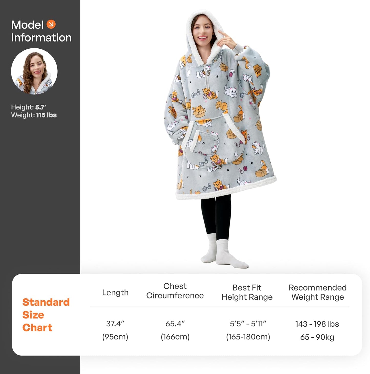 Giggling Getup Wearable Blanket Hoodie for Adults Gifts for Teen Girls Sister Women Sherpa Fleece Printed Hooded Blanket Sweatshirt Warm Cozy with Pocket & Sleeves Beige Cat