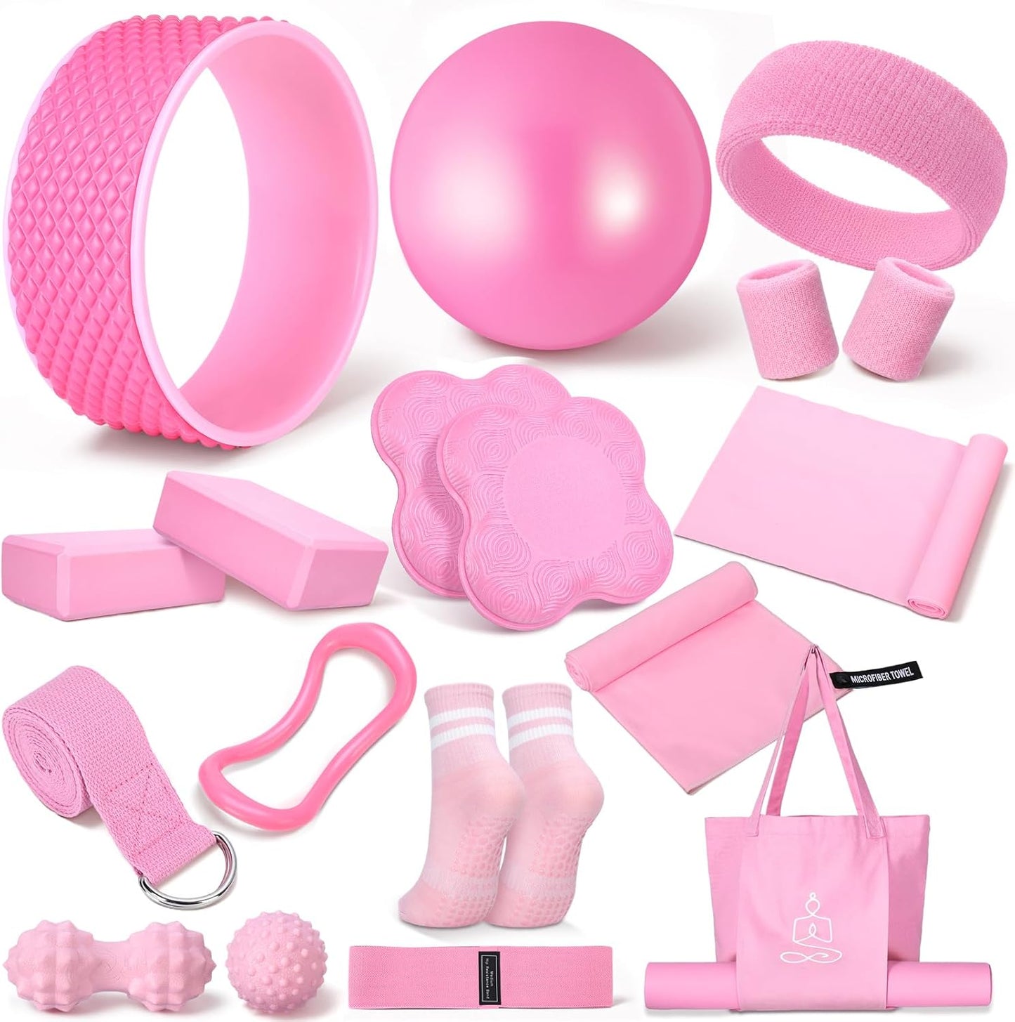 Gemscream 17 Pcs Yoga Essential Kit for Women, Pilates Equipment Starter Set for Beginners with Yoga Wheel Ball Blocks Strap Resistance Bands Wrist Rings Socks Towel & Carry Bag for Home Workouts