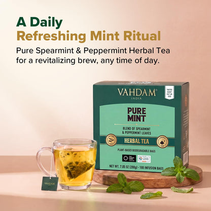 VAHDAM, Pure Mint Herbal Tea (100 Pyramid Tea Bags) Caffeine Free, Non GMO, Gluten Free | Blend of Spearmint & Peppermint - Sweet & Minty | Resealable Ziplock Pouch