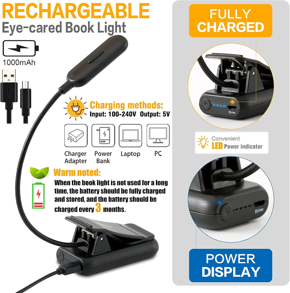 VAVOFO Amber Rechargeable Reading Light, Blue Light Blocking Book Light, 7 LEDs Eye Care 9 Colors 9 Brightness Clip On for Kids Bookworms Reading in Bed with Power Indicator Lasting 70h (Black)