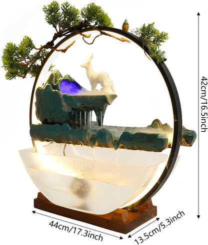 Mini Artificial Bonsai Tree Waterfall Fog Feature Rock Tabletop Fountain | 11in Desktop Decor Waterfall Fountain W/ Water Pump& Atomizer&LED Lights &Fake Tree Office Bedroom Relax