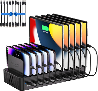100W Charging Station for Multiple Devices, 10-Port USB Fast Charger, Black