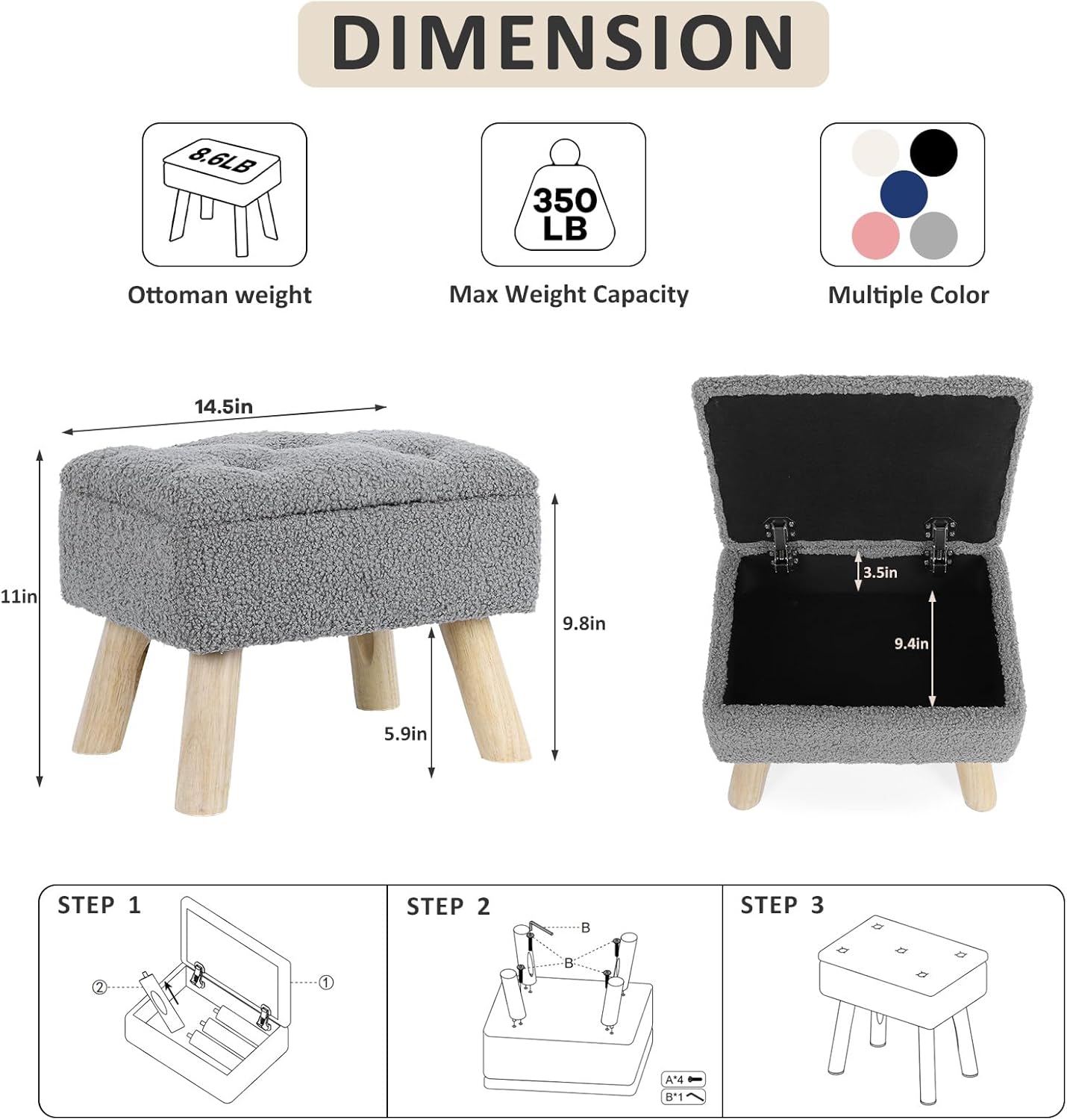 OGEMXU Storage Ottoman, Small Foot Stool Ottoman with Storage, Boucle Teddy Velvet Foot Rest with Padded Seat, Sturdy Wood Legs Stool for Living Room, Bedroom, Couch, Enterway (Cream)