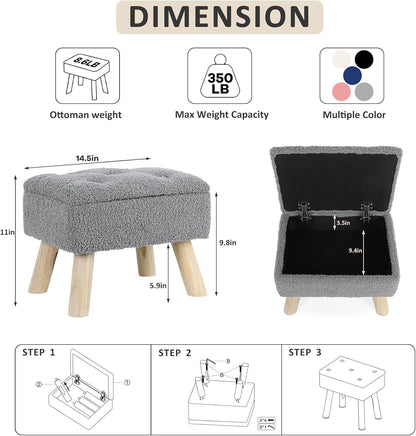OGEMXU Storage Ottoman, Small Foot Stool Ottoman with Storage, Boucle Teddy Velvet Foot Rest with Padded Seat, Sturdy Wood Legs Stool for Living Room, Bedroom, Couch, Enterway (Cream)