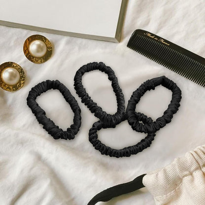 Mulberry Silk Scrunchies 4 Pack - Non Slip, Black Small Thin Silk Scrunchies for Women, Sleepy Ties for Thick Hair
