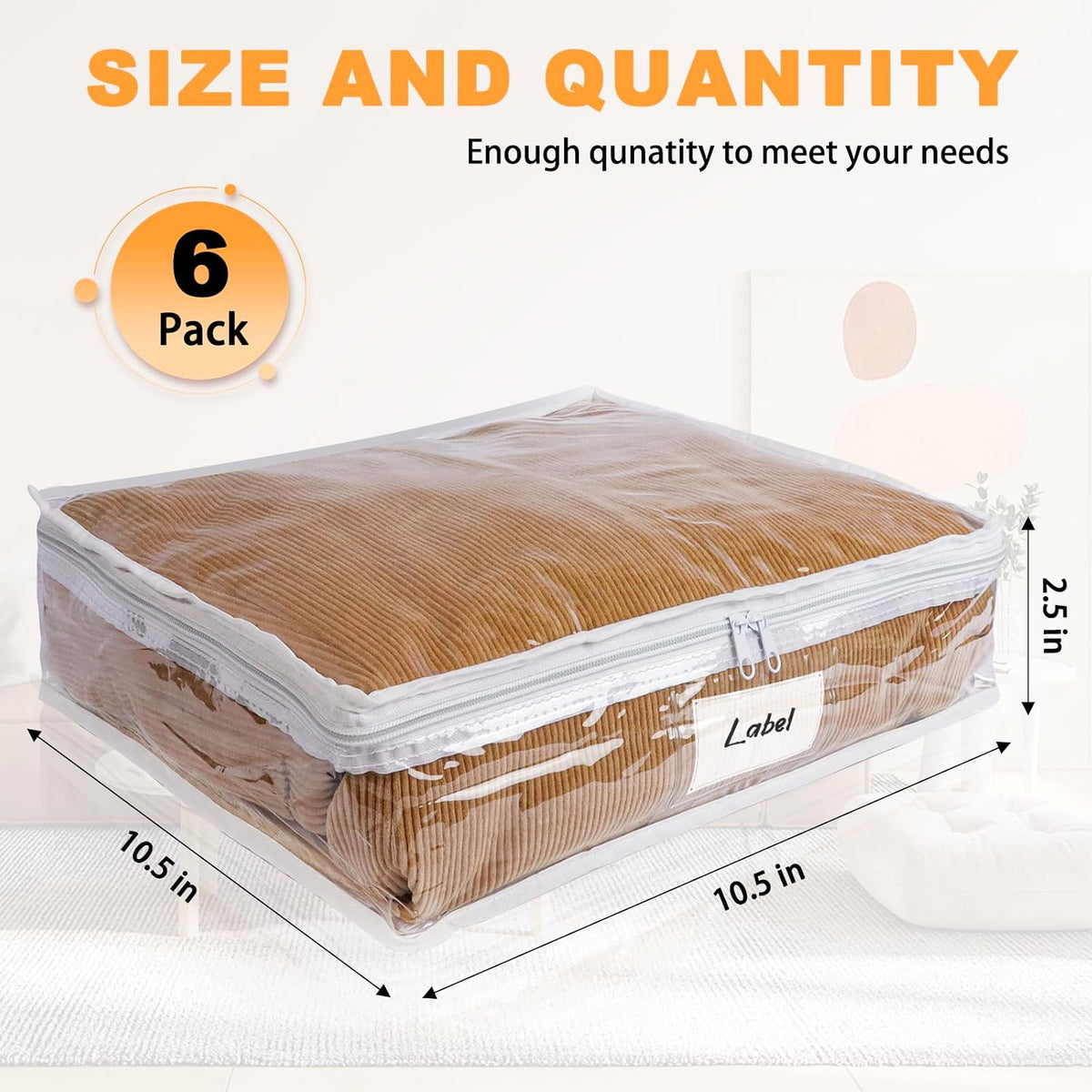 Clear Zippered Plastic Clothes Storage Bags, 6 Pack, White