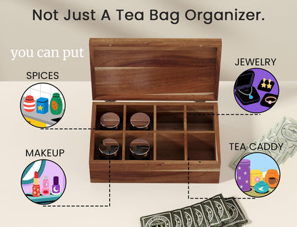 Acacia Wood Tea Bag Organizers, Tea and Sugar Packet Storage Chest with Lid, Wooden Teabag Holder Containers,Storage Box Teabox with 6 Compartments