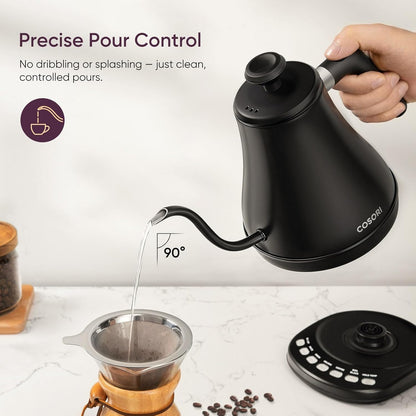 Cosori Electric Gooseneck Kettle Smart Bluetooth with Variable Temperature Control, Pour Over Coffee & Tea, 100% Stainless Steel Inner Lid & Bottom, Quick Heating, Matte Black