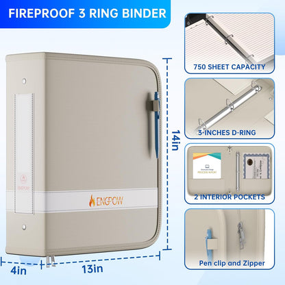 ENGPOW 3 Ring Binder,Fireproof 3 Inch D Ring Binder with Zipper,Holds 750 Sheets,Non-Stick,PVC-Free,Compatible with Clear Sheet Protectors,Portable School Office Home Safe Storage for Paper,Black