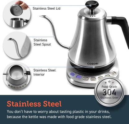 Cosori Electric Gooseneck Kettle Smart Bluetooth with Variable Temperature Control, Pour Over Coffee & Tea, 100% Stainless Steel Inner Lid & Bottom, Quick Heating, Matte Black