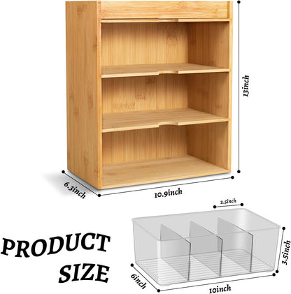 TIMIEEYA Tea Bag Organizer - Bamboo Tea Storage With Drawer 3 Layer, Organizer for Tea Bags Natural Wood & Acrylic for Countertop Office Kitchen Cabinet Pantry